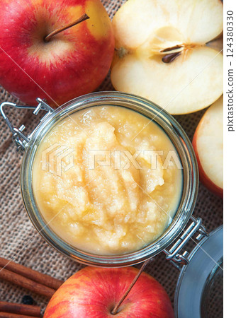 Fresh homemade applesauce with apples. Top view Fresh homemade applesauce with apples. Top view 124380330