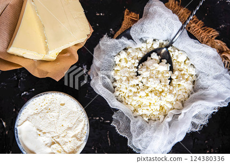 Organic Farming Cottage cheese, Sour cream and Butter. Homemade dairy products 124380336