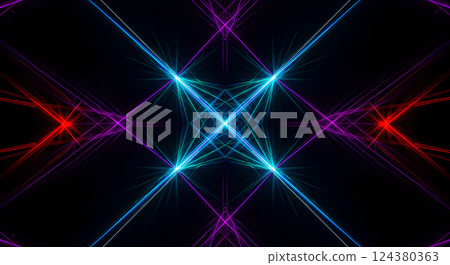Electric Kaleidoscope: A vibrant composition of intersecting laser beams, glowing with electric energy against a dark backdrop, creating a mesmerizing display of light and patterns. Electric Kaleidoscope: A vibrant composition of intersecting laser beams, glowing with electric energy against a dark backdrop, creating a mesmerizing display of light and patterns. 124380363
