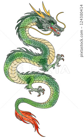一幅充滿活力的綠色東方龍水彩畫 124380414