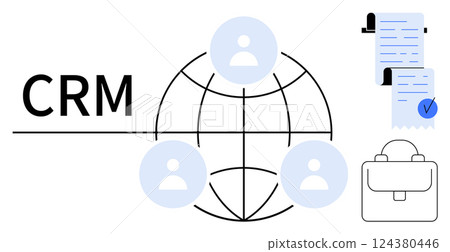 A globe with user icons represents a CRM network. Documents and a briefcase symbolize business elements. Ideal for customer management, sales, networking, business solutions, and team collaboration 124380446