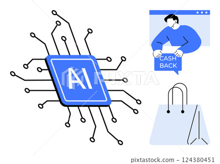Central AI chip with connecting circuits, person receiving cash back and shopping bags. Ideal for artificial intelligence, e-commerce, online shopping, digital transactions, customer benefits. Simple 124380451