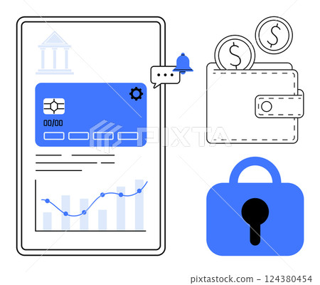 Mobile screen with blue card interface and charts, notification bell, wallet with coins, and the lock symbol. Ideal for finance, banking, technology, security, and digital transactions. Minimalist Mobile screen with blue card interface and charts, notification bell, wallet with coins, and the lock symbol. Ideal for finance, banking, technology, security, and digital transactions. Minimalist 124380454