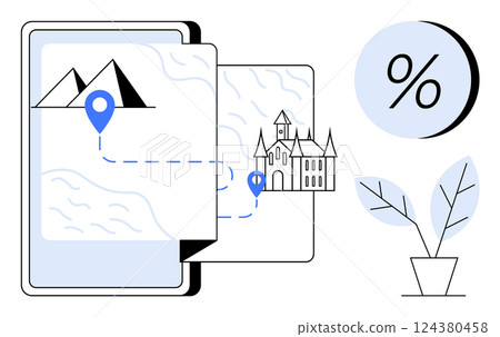 Digital map showing mountains and a castle with route and pinpoints on a smartphone. Percentage sign and potted plant. Ideal for travel apps, vacation planning, journey mapping, tourism promotion Digital map showing mountains and a castle with route and pinpoints on a smartphone. Percentage sign and potted plant. Ideal for travel apps, vacation planning, journey mapping, tourism promotion 124380458