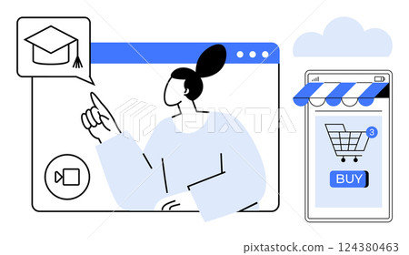 A person interacts with an online platform, showcasing elements like a graduation cap and an online shopping cart. Ideal for online education, e-commerce, virtual interaction, digital marketing, user A person interacts with an online platform, showcasing elements like a graduation cap and an online shopping cart. Ideal for online education, e-commerce, virtual interaction, digital marketing, user 124380463