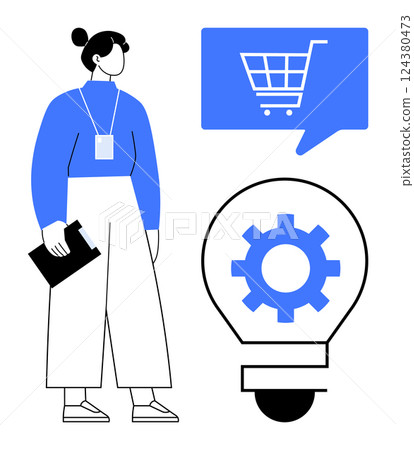 Female professional holding clipboard and wearing blue attire with speech bubble showing shopping cart and light bulb with gear inside. Ideal for e-commerce, business strategy, planning, data Female professional holding clipboard and wearing blue attire with speech bubble showing shopping cart and light bulb with gear inside. Ideal for e-commerce, business strategy, planning, data 124380473
