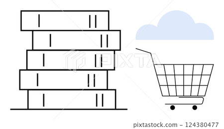Stack of books next to a shopping cart with a blue cloud in the background. Ideal for online shopping, ecommerce, education, literary resources, cloud storage. Minimalist line art style 124380477