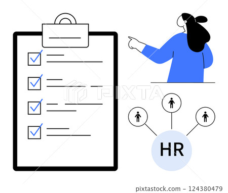 Clipboard with checklist, person pointing, and HR network icons. Ideal for HR management, employee evaluation, recruitment processes, team organization, task management. Minimalist modern vector art 124380479