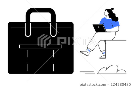 Woman using a laptop while sitting on a bench, large briefcase adjacent. Ideal for remote work, productivity, business, technology, mobile computing, freelance, and career themes. Line metaphor Woman using a laptop while sitting on a bench, large briefcase adjacent. Ideal for remote work, productivity, business, technology, mobile computing, freelance, and career themes. Line metaphor 124380480