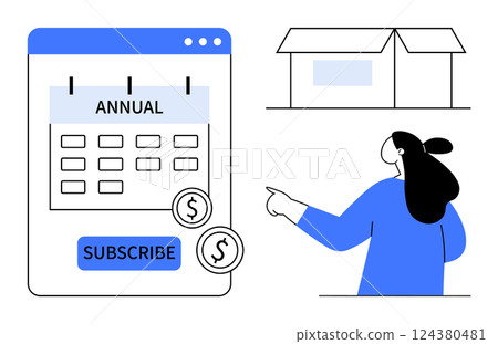 Woman pointing to a digital annual subscription calendar with money symbols and a subscribe button. Ideal for online subscriptions, financial planning, budgeting, e-commerce, and time management 124380481