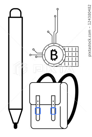 A minimalistic representation of a digital pen, a cryptocurrency Bitcoin symbol with circuit elements, and a backpack. Ideal for technology education, digital economy, school accessories, modern A minimalistic representation of a digital pen, a cryptocurrency Bitcoin symbol with circuit elements, and a backpack. Ideal for technology education, digital economy, school accessories, modern 124380482