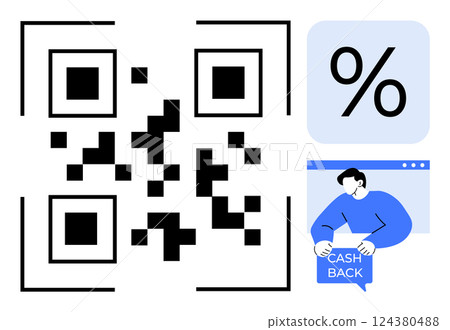Large QR code, percentage symbol, and person holding a cashback sign. Ideal for digital marketing, retail discounts, online shopping, promotions, and customer rewards. Modern graphic style 124380488