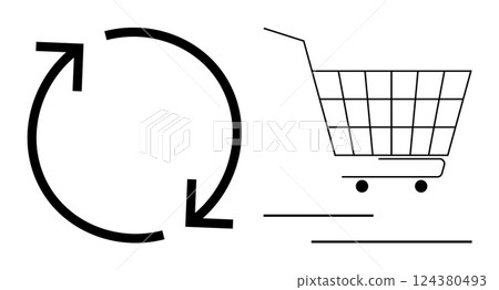 Circular arrow next to a shopping cart, emphasizing sustainability and shopping. Ideal for eco-friendly shopping guides, sustainability blogs, business presentations, consumer education, and waste 124380493