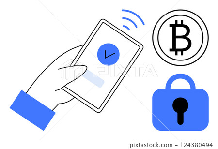 A hand holding a smartphone with a check mark, a Bitcoin symbol, and a security lock icon in blue and black colors. Ideal for mobile payments, cryptocurrency, digital security, fintech A hand holding a smartphone with a check mark, a Bitcoin symbol, and a security lock icon in blue and black colors. Ideal for mobile payments, cryptocurrency, digital security, fintech 124380494