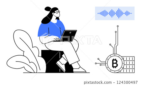 A woman with glasses works on a laptop while seated on a block next to some plants. A Bitcoin symbol is shown with digital circuit lines. A soundwave graphic is in the top-right corner. Ideal for A woman with glasses works on a laptop while seated on a block next to some plants. A Bitcoin symbol is shown with digital circuit lines. A soundwave graphic is in the top-right corner. Ideal for 124380497