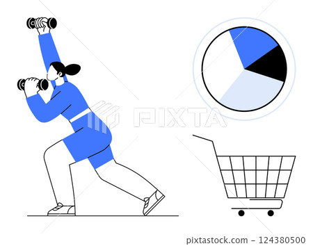 Woman in blue using binoculars while running, pie chart and shopping cart. Ideal for business analysis, data visualization, finance, market research, e-commerce. Simplistic modern vector style 124380500