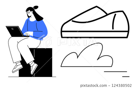 Woman with glasses working on laptop while seated on a block. Nearby are an abstract shoe outline and a cloud. Ideal for work-life balance, tech, fashion, creativity, remote work, productivity 124380502