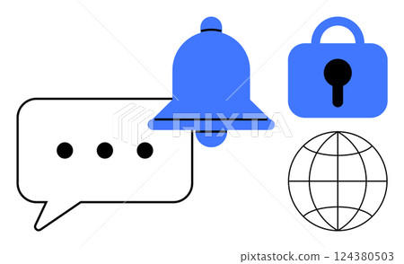 Speech bubble with three dots bell lock with keyhole and globe symbol in blue and, black colors Ideal for communication online security notifications digital messaging and world connectivity Modern 124380503