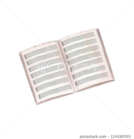 Open blank music notebook with staff watercolor illustration. Old Sheet Music paper with note stave grid and without note. Lined page template for musical education, lesson design 124380593