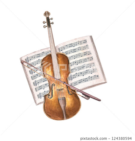 Violin with bow and open music notebook watercolor illustration isolated background. String instrument on musical paper with note stave. For musical education, poster, greeting card 124380594