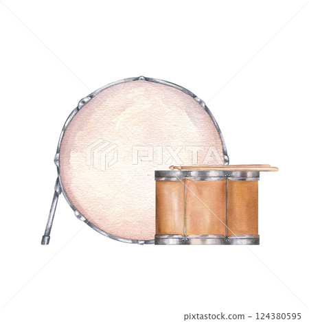 Watercolor drums with sticks illustration isolated background. Percussion musical instrument in realistic style. Hand painted orchestra element for jazz, rock festival poster, invitation Watercolor drums with sticks illustration isolated background. Percussion musical instrument in realistic style. Hand painted orchestra element for jazz, rock festival poster, invitation 124380595