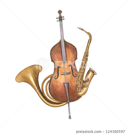 Double bass, French horn and saxophone watercolor illustration isolated background. Woodwind and string instruments composition. Orchestra elements for jazz festival design, invitation, greeting card Double bass, French horn and saxophone watercolor illustration isolated background. Woodwind and string instruments composition. Orchestra elements for jazz festival design, invitation, greeting card 124380597