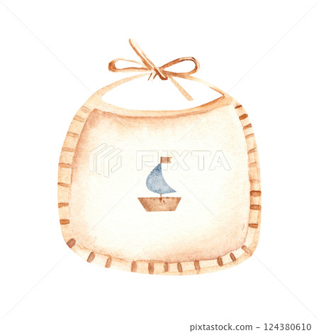 Newborn Baby beige Bib with ship, boat for boy. Watercolor hand drawn illustration of cute Infant accessory in eco style. For invitations, Gender party, Baby shower, Greeting cards, Nursery posters 124380610