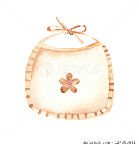 Newborn Baby beige Bib with flower for girl. Watercolor hand drawn illustration of cute Infant accessory in eco style. For invitations, Gender party, Baby shower, Greeting cards, Nursery posters, tags Newborn Baby beige Bib with flower for girl. Watercolor hand drawn illustration of cute Infant accessory in eco style. For invitations, Gender party, Baby shower, Greeting cards, Nursery posters, tags 124380611