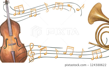 Double bass, French horn and musical notes on staff horizontal rectangle frame with empty space for text. Woodwind and string instruments watercolor illustration isolated background. For invitation. 124380622