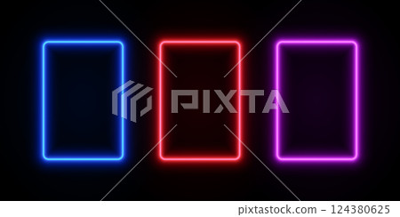 Light neon rectangle frames. Glow LED border of blue, red and purple colors on black transparent background. Vector set laser template for design. Light neon rectangle frames. Glow LED border of blue, red and purple colors on black transparent background. Vector set laser template for design. 124380625