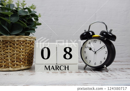 Wooden Calendar Showing the Date of March 8th. Day 8 of March month 124380717