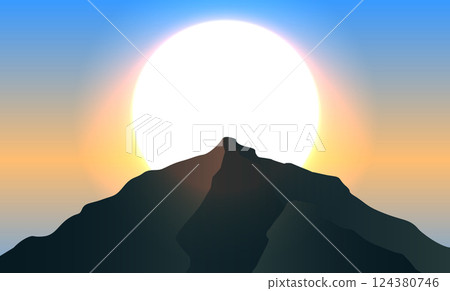 Minimalist vector illustration of a mountain peak silhouette against a large glowing sun at sunrise or sunset. Soft gradients create a serene, atmospheric landscape, ideal for nature, travel designs 124380746
