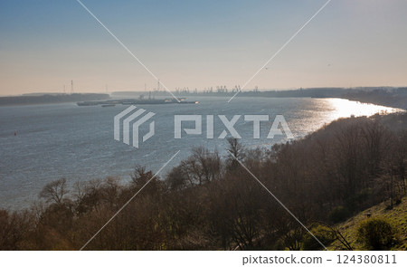 Danube river and Romportmet industrial zone. Galati, Romania 124380811