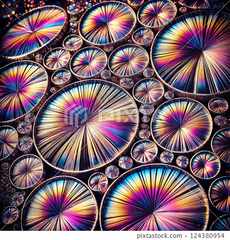 Digital art of circular crystals drawn in the style of a polarizing microscope 124380954