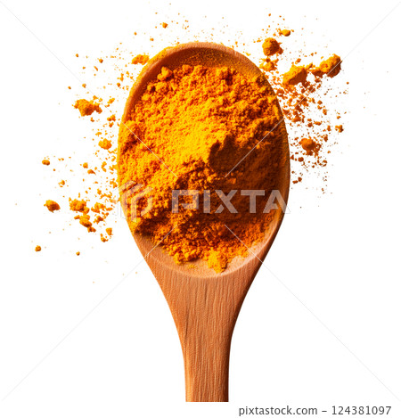 Ground turmeric powder falling from a wooden spoon, isolated on a transparent background. Yellow orange spice scattering in motion, culinary ingredient, aromatic seasoning for food and design use. Ground turmeric powder falling from a wooden spoon, isolated on a transparent background. Yellow orange spice scattering in motion, culinary ingredient, aromatic seasoning for food and design use. 124381097