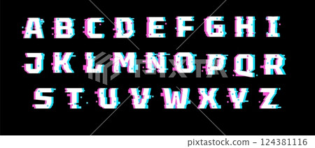 Vector white Glitch font. Digital distortion of letters, VHS effect. Vector white Glitch font. Digital distortion of letters, VHS effect. 124381116