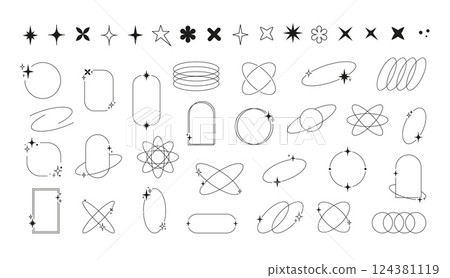 Vector set of boho line frames and shapes. Abstract Y2k illustrations. 124381119