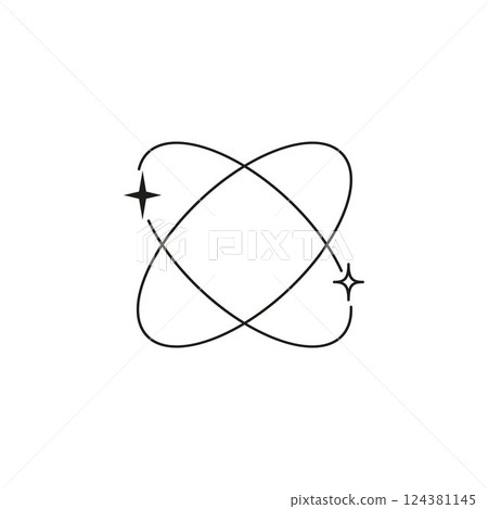 Vector line illustration of atom icon with glitters. Y2k geometric boho shape. 124381145
