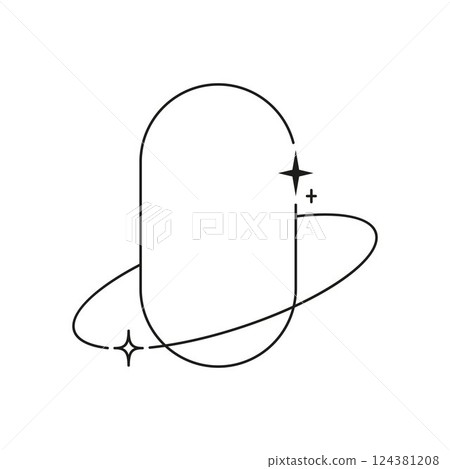 Y2K aesthetic line art frame, vector black linear rounded rectangle border with ring and sparkle stars, Boho outline Y2K aesthetic line art frame, vector black linear rounded rectangle border with ring and sparkle stars, Boho outline 124381208