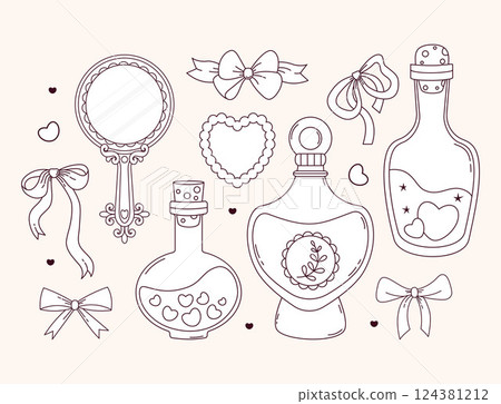 Outline Vintage Coquette Mirror, Magic Bottles with hearts and Perfume with Ribbon Bow set. Romantic Girly Vibe. Vector illustration. Isolated Aesthetic beauty accessories and cosmetic. Line drawing 124381212