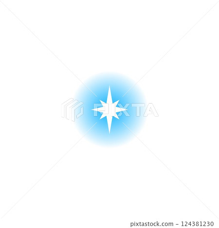 Vector illustration of white eight-pointed star on round gradient blue background. Y2k design. 124381230