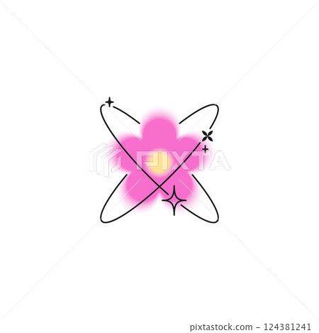 Vector illustration of pink gradient flower with linear atom icon. Y2K. 124381241