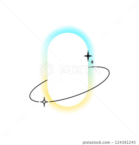 Minimalist Y2K aesthetic line art ring on yellow blue blurred gradient border, vector Boho frame with stars and sparkles 124381243
