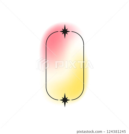 Y2K line border on yellow and red blurred gradient background, vector rectangle frame with sparkle stars, Boho line art 124381245