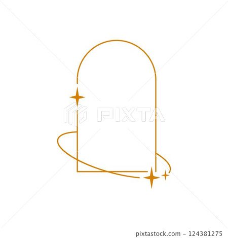 Y2K aesthetic line arch border, vector orange linear rounded rectangle frame with ring and sparkle stars, Boho line art Y2K aesthetic line arch border, vector orange linear rounded rectangle frame with ring and sparkle stars, Boho line art 124381275