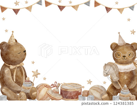 Rectangular watercolor frame with teddy bears in festive clothes with vintage toys. Retro style illustration on a white background. Template with space for text cards, invitations, holidays, birthdays 124381385