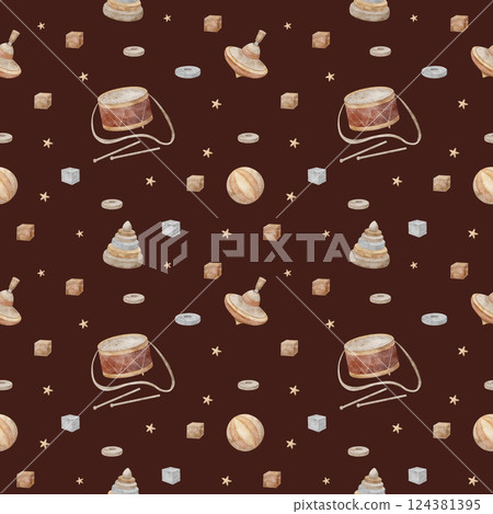 Seamless pattern vintage children's toys, ball, drum, pyramid, cubes. Watercolor illustration on color, burgundy, red background in retro style for printing on children's textiles, fabrics, packaging Seamless pattern vintage children's toys, ball, drum, pyramid, cubes. Watercolor illustration on color, burgundy, red background in retro style for printing on children's textiles, fabrics, packaging 124381395