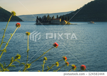 Island Church of Our Lady of the Rocks on Serene Bay of Kotor near Perats at Sunset 124381444