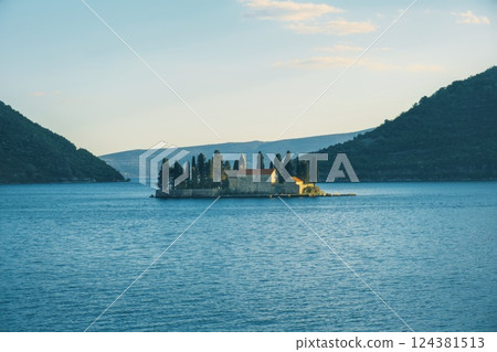 Island Church of Our Lady of the Rocks on Serene Bay of Kotor near Perats at Sunset Island Church of Our Lady of the Rocks on Serene Bay of Kotor near Perats at Sunset 124381513