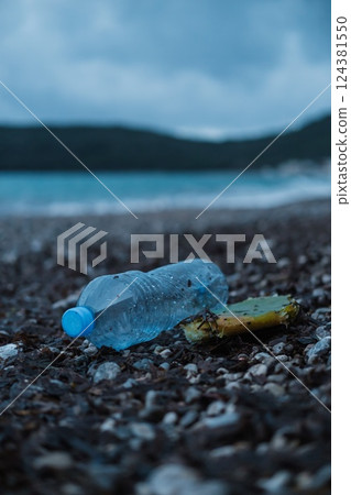 Plastic Bottle and Waste Polluting a Beach  124381550
